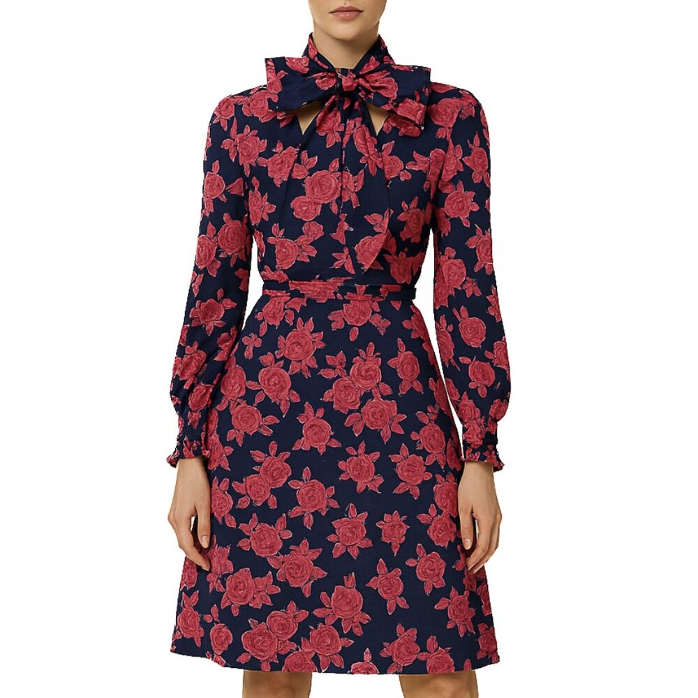 Tory Burch Silk Floral Navy Pink Midi Dress with Detachable‎ Scarf Tie Size 4